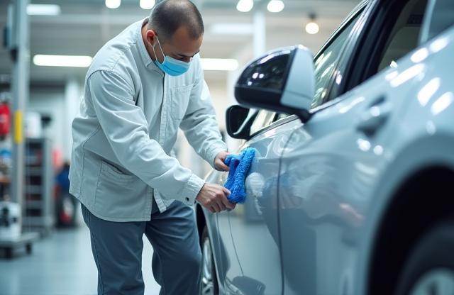 Technician cleaning car exterior and interior in Bristol