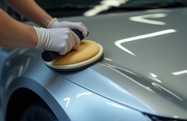 Professional waxing and polishing on silver car bonnet